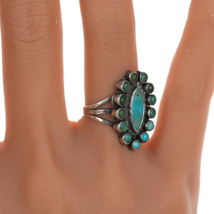 sz5 30's-40's Zuni Turquoise cluster silver ring