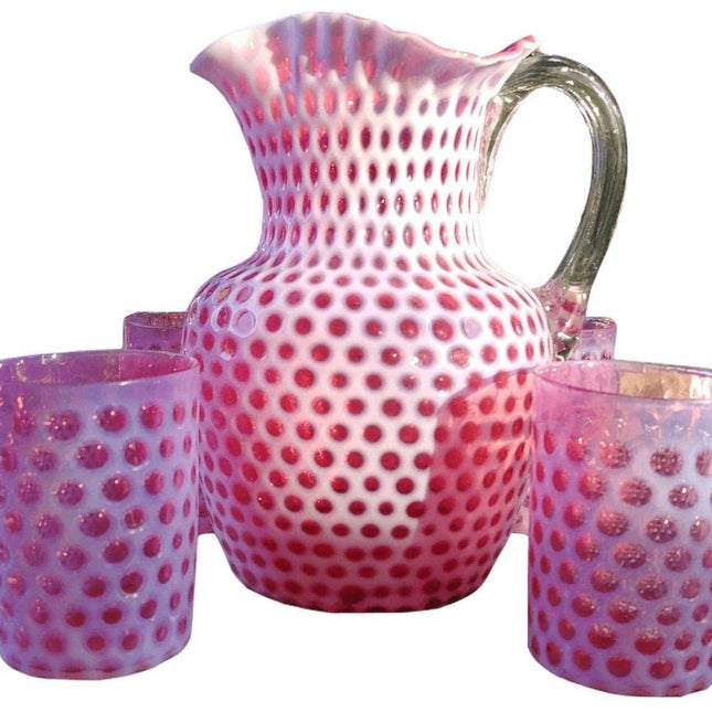 Antikes Cranberry Opalescent Coinspot Krug- und Becherset um 1890-1900, Hobbs Brockunier Windows