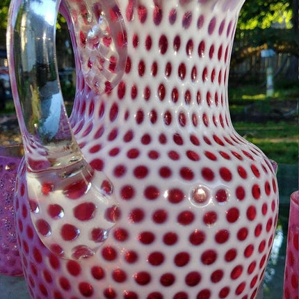 Antique Cranberry Opalescent Coinspot Pitcher and Tumbler Set c.1890-1900 Hobbs