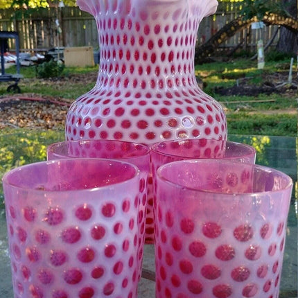 Antique Cranberry Opalescent Coinspot Pitcher and Tumbler Set c.1890-1900 Hobbs