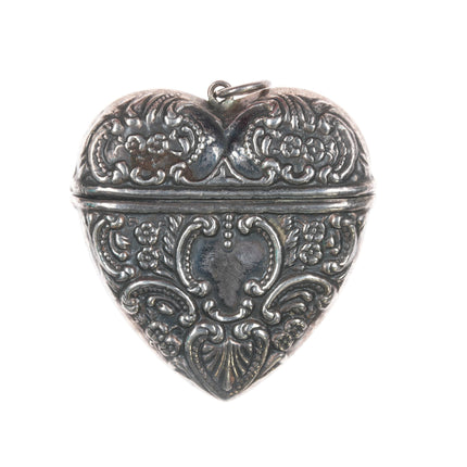 Antique Sterling repousse Chatelaine Stamp box Heart shaped pendant