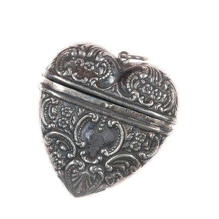 Antique Sterling repousse Chatelaine Stamp box Heart shaped pendant