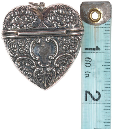 Antique Sterling repousse Chatelaine Stamp box Heart shaped pendant