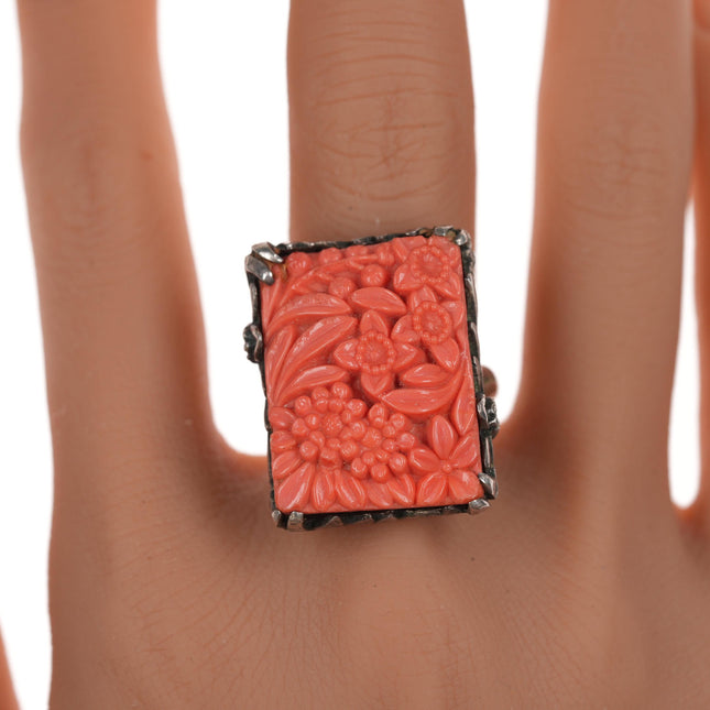 sz10.5 c1920's Art Deco Sterling Faux Coral Molded Glass ring