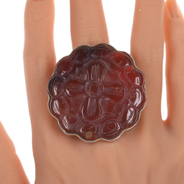 sz8 Vintage Sterling carved Carnelian agate ring