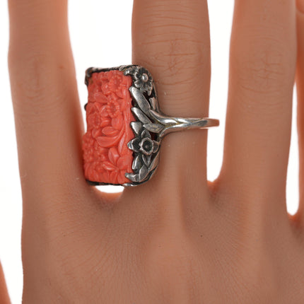 sz10.5 c1920's Art Deco Sterling Faux Coral Molded Glass ring