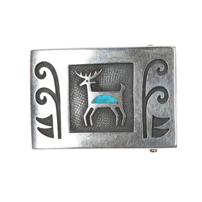 Vintage Navajo Silver overlay turquoise inlaid belt buckle