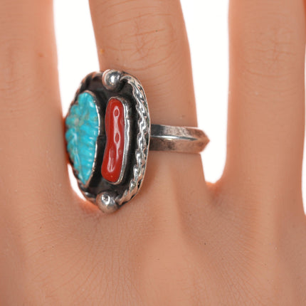 sz9 DH 1976 Native American silver, carved turquoise and coral ring