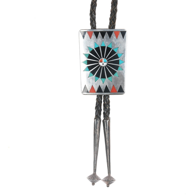 Fred and Lolita Natachu Zuni c1970's Sterling inlay bolo tie