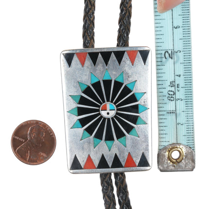 Fred and Lolita Natachu Zuni c1970's Sterling inlay bolo tie