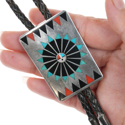 Fred and Lolita Natachu Zuni c1970's Sterling inlay bolo tie