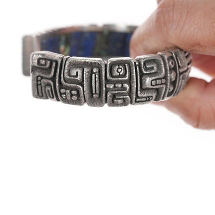 6.5" c1974 Luis Mojica Tufa Cast silver Lapis, Sodalite, and shell inlaid cuff bracelet