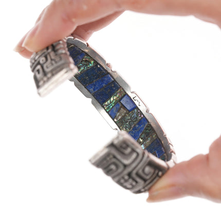 6.5" c1974 Luis Mojica Tufa Cast silver Lapis, Sodalite, and shell inlaid cuff bracelet