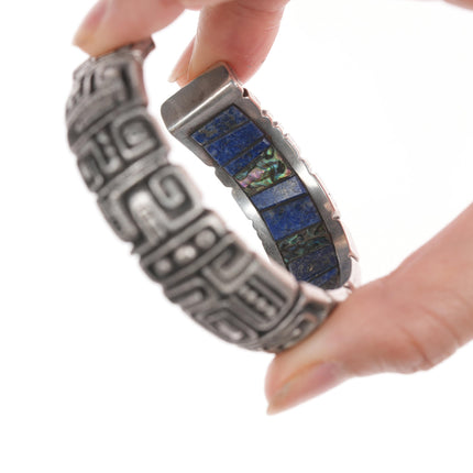 6.5" c1974 Luis Mojica Tufa Cast silver Lapis, Sodalite, and shell inlaid cuff bracelet