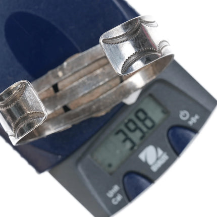 6.75" 1940's Navajo Hand stamped silver cuff bracelet with green turquoise - Estate Fresh Austin