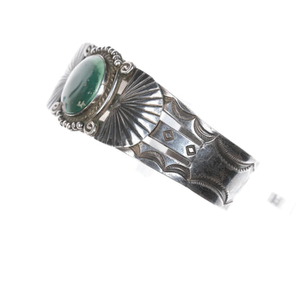 6.75" 1940's Navajo Hand stamped silver cuff bracelet with green turquoise - Estate Fresh Austin
