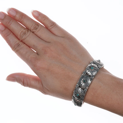 6.75" 20's-30's Navajo ingot stilver medallions bracelet with snake eye turquoise - Estate Fresh Austin