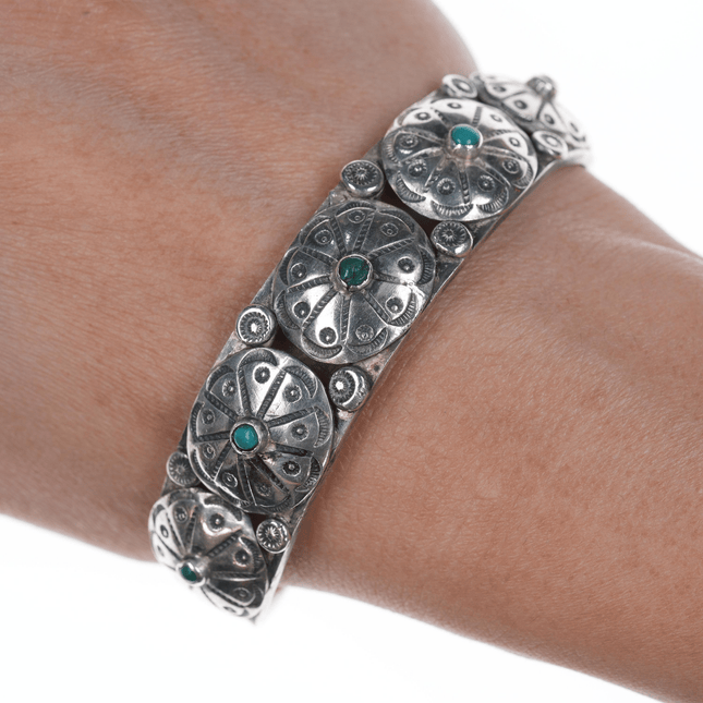 6.75" 20's - 30's Navajo ingot stilver medallions bracelet with snake eye turquoise - Estate Fresh Austin