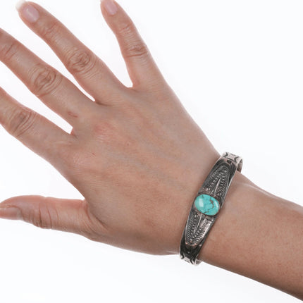 6.75" 30's-40's Navajo silver and turquoise bracelet with stars stampings - Estate Fresh Austin