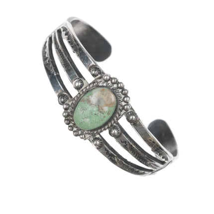 6.75" 30's-40's Navajo triple shank stamped silver cuff bracelet with green turquoise - Estate Fresh Austin