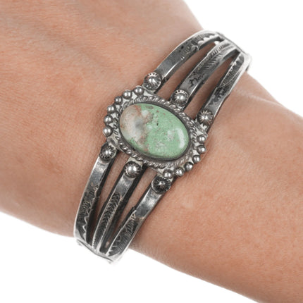 6.75" 30's-40's Navajo triple shank stamped silver cuff bracelet with green turquoise - Estate Fresh Austin