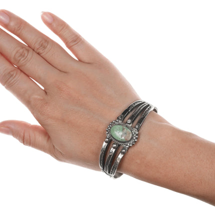 6.75" 30's-40's Navajo triple shank stamped silver cuff bracelet with green turquoise - Estate Fresh Austin