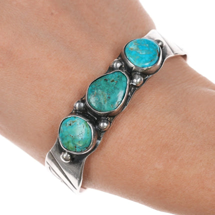 6.75" 40's-50's Navajo silver cuff bracelet with 3 turquoise - Estate Fresh Austin