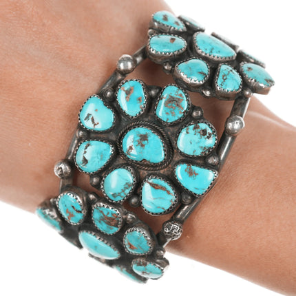 6.75" 40's-50's Navajo silver turquoise cluster cuff bracelet - Estate Fresh Austin