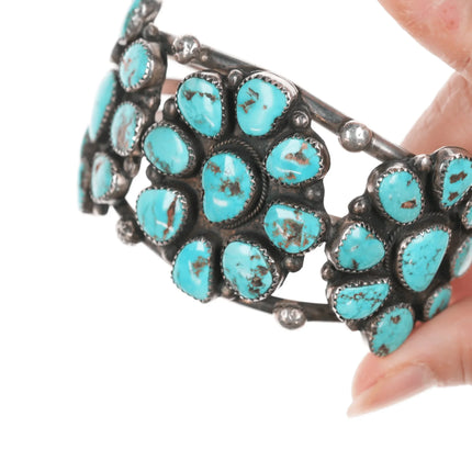 6.75" 40's-50's Navajo silver turquoise cluster cuff bracelet - Estate Fresh Austin