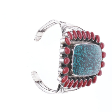 6.75" Bennie Bowekaty Zuni Sterling silver Turquoise, coral cuff bracelet - Estate Fresh Austin
