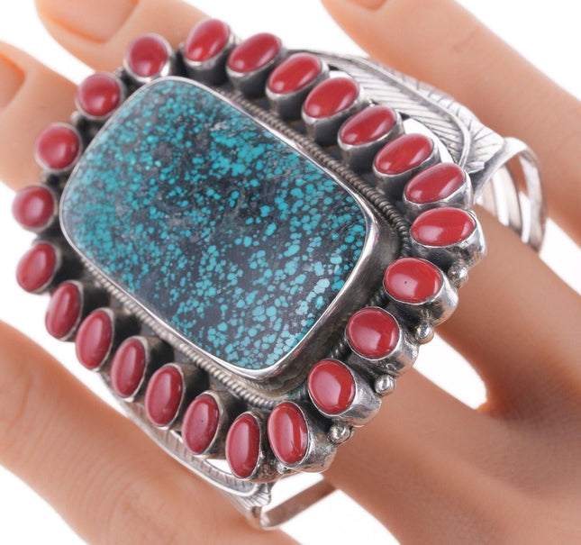 6.75" Bennie Bowekaty Zuni Sterling silver Turquoise, coral cuff bracelet - Estate Fresh Austin