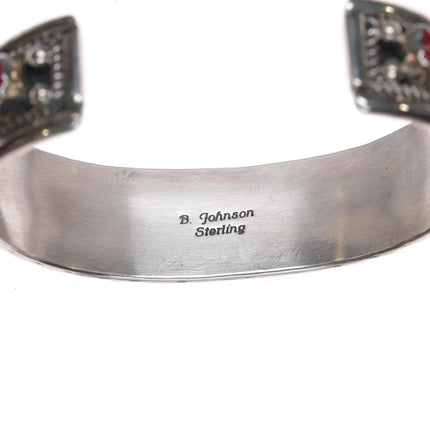 6.75" Bobby Johnson Navajo sterling silver red coral row cuff bracelet - Estate Fresh Austin