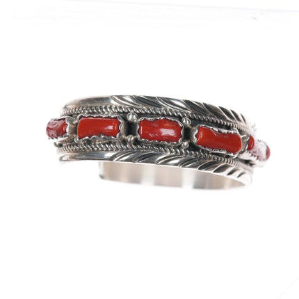 6.75" Bobby Johnson Navajo sterling silver red coral row cuff bracelet - Estate Fresh Austin