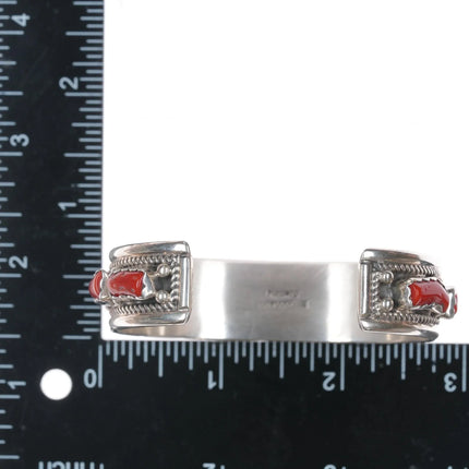 6.75" Bobby Johnson Navajo sterling silver red coral row cuff bracelet - Estate Fresh Austin