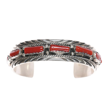 6.75" Bobby Johnson Navajo sterling silver red coral row cuff bracelet - Estate Fresh Austin