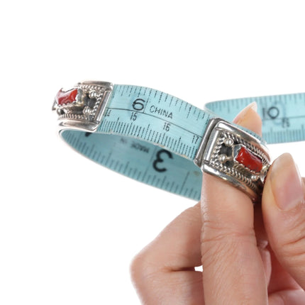 6.75" Bobby Johnson Navajo sterling silver red coral row cuff bracelet - Estate Fresh Austin