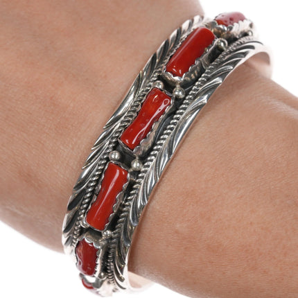 6.75" Bobby Johnson Navajo sterling silver red coral row cuff bracelet - Estate Fresh Austin