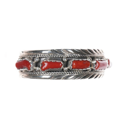 6.75" Bobby Johnson Navajo sterling silver red coral row cuff bracelet - Estate Fresh Austin
