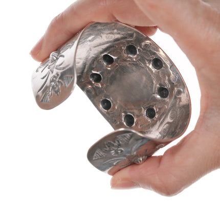 6.75" c1930's Navajo Curio whirling logs cuff bracelet with turquoise - Estate Fresh Austin