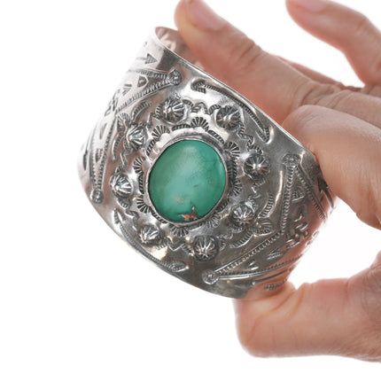 6.75" c1930's Navajo Curio whirling logs cuff bracelet with turquoise - Estate Fresh Austin