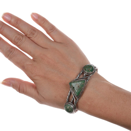 6.75" c1930's Navajo silver twisted wire green turquoise cuff bracelet - Estate Fresh Austin