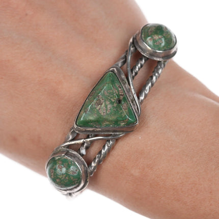 6.75" c1930's Navajo silver twisted wire green turquoise cuff bracelet - Estate Fresh Austin