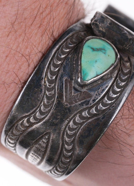 6.75" c1930's Navajo silver watch bracelet with turquoise - Estate Fresh Austin