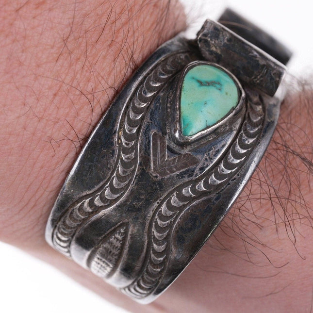 6.75" c1930's Navajo silver watch bracelet with turquoise - Estate Fresh Austin