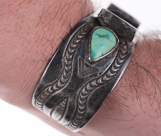 6.75" c1930's Navajo silver watch bracelet with turquoise - Estate Fresh Austin