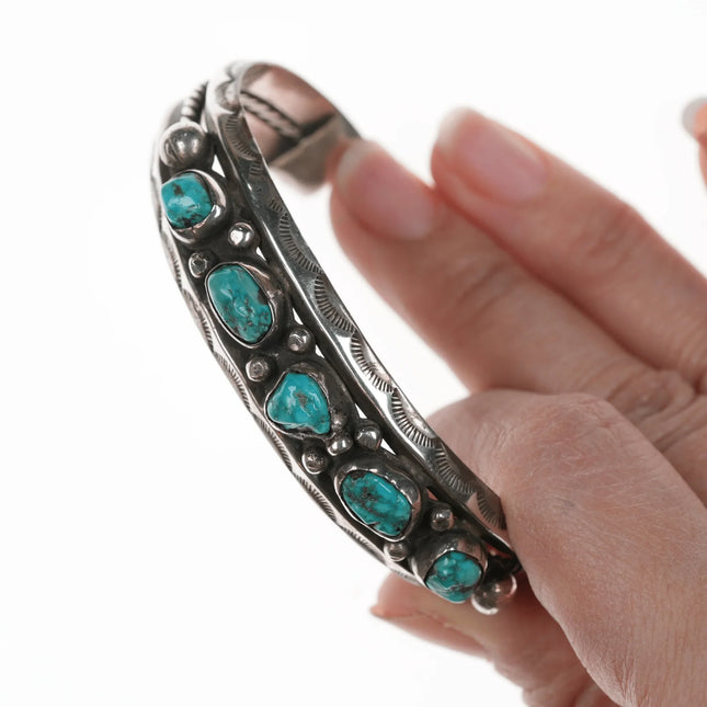 6.75" c1940's Navajo stamped silver and turquoise bracelet - Estate Fresh Austin