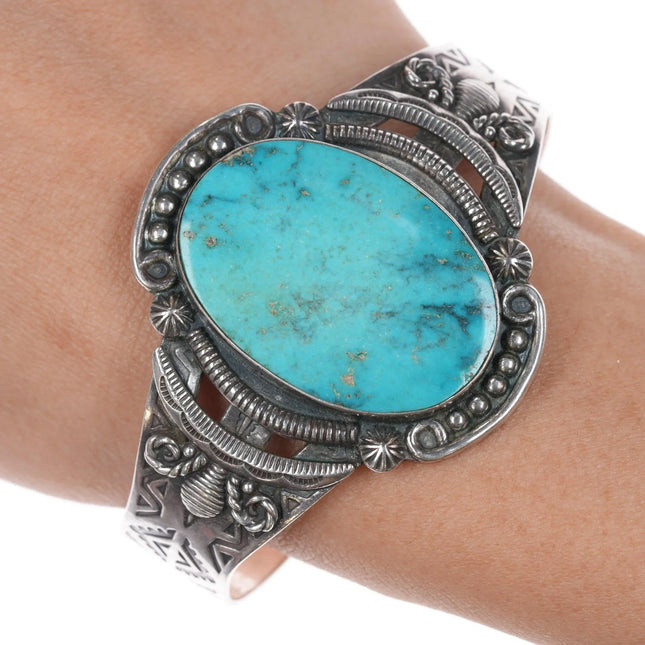 6.75" c1950's Navajo Curio sterling cuff bracelet with nice turquoise - Estate Fresh Austin
