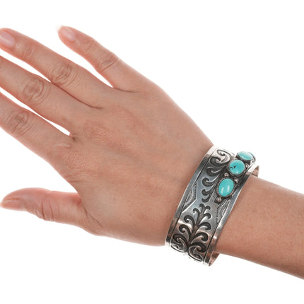 6.75" Cecil Ashley Navajo silver overlay and turquoise cuff bracelet - Estate Fresh Austin