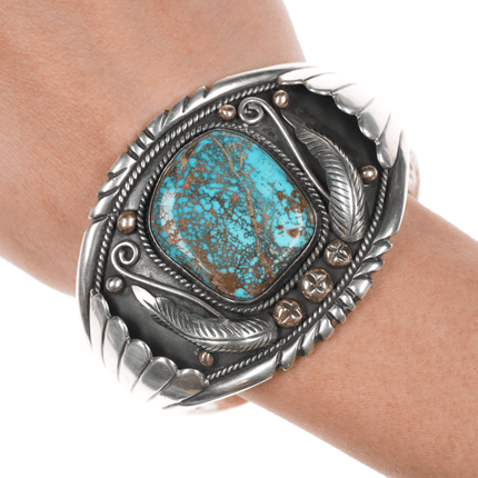 6.75" Delmar Adams (Northern Paiute) 14k/Sterling high grade turquoise cuff bracelet - Estate Fresh Austin