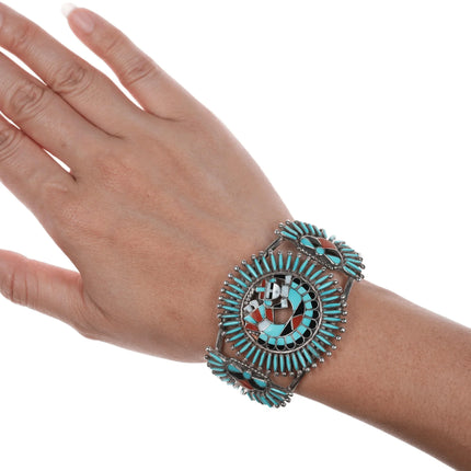 6.75" Delphine Tsadiasi Zuni Rainbow man channel inlay sterling petit point cuff bracelet - Estate Fresh Austin